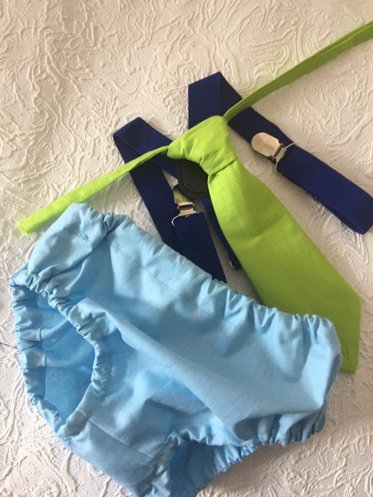 Boys First Birthday Outfit - Monster Party - Diaper Cover, Tie & bloomers - blue Suspenders - 1st Birthday - Cake Smash Outfit