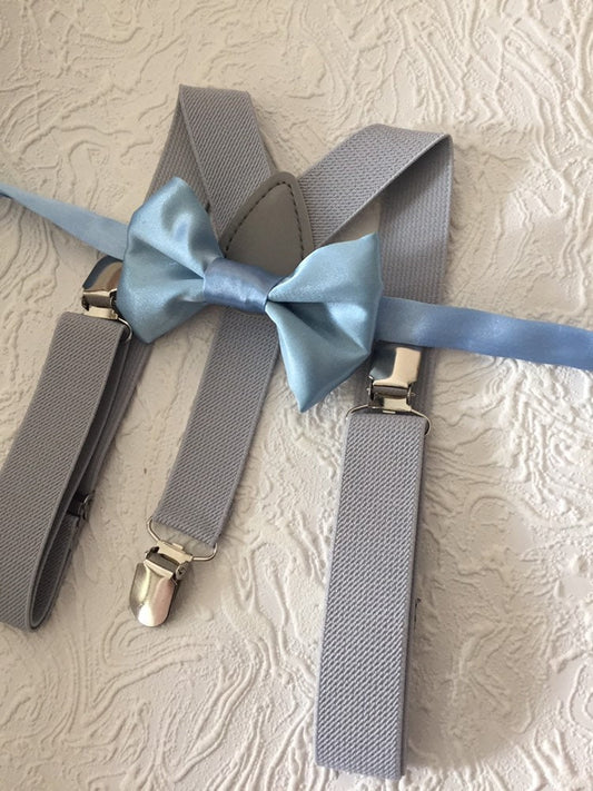 Blue Bow Tie and Medium gray Suspenders, Quality boys, Toddler Suspenders, Boys, Kids, Ring Bearer Gift, Light Blue, Fog, Mist, Braces,