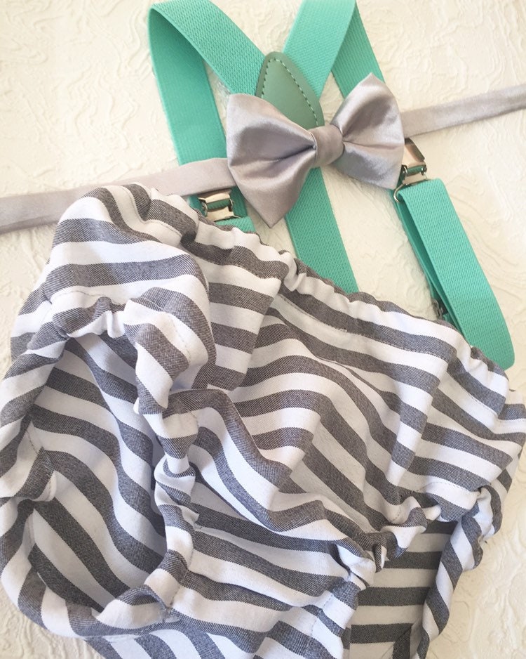 1st Birthday boy cake smash Outfit Bow tie bloomers Suspenders Gray stripe mint, boy outfit,bloomers,diaper cover