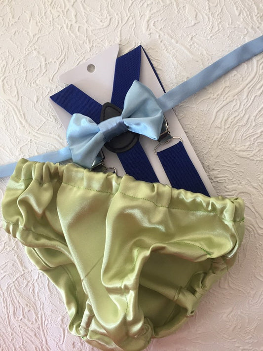 Monsters inspired Smash Cake Boy First Birthday blue cotton Diaper Cover, royal blue cake smash outfits Suspenders,green lime bow tie