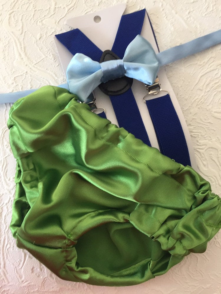 Monsters Inc Sulley inspired Smash Cake Boy First Birthday blue cotton Diaper Cover, royal blue Suspenders,green lime bow tie