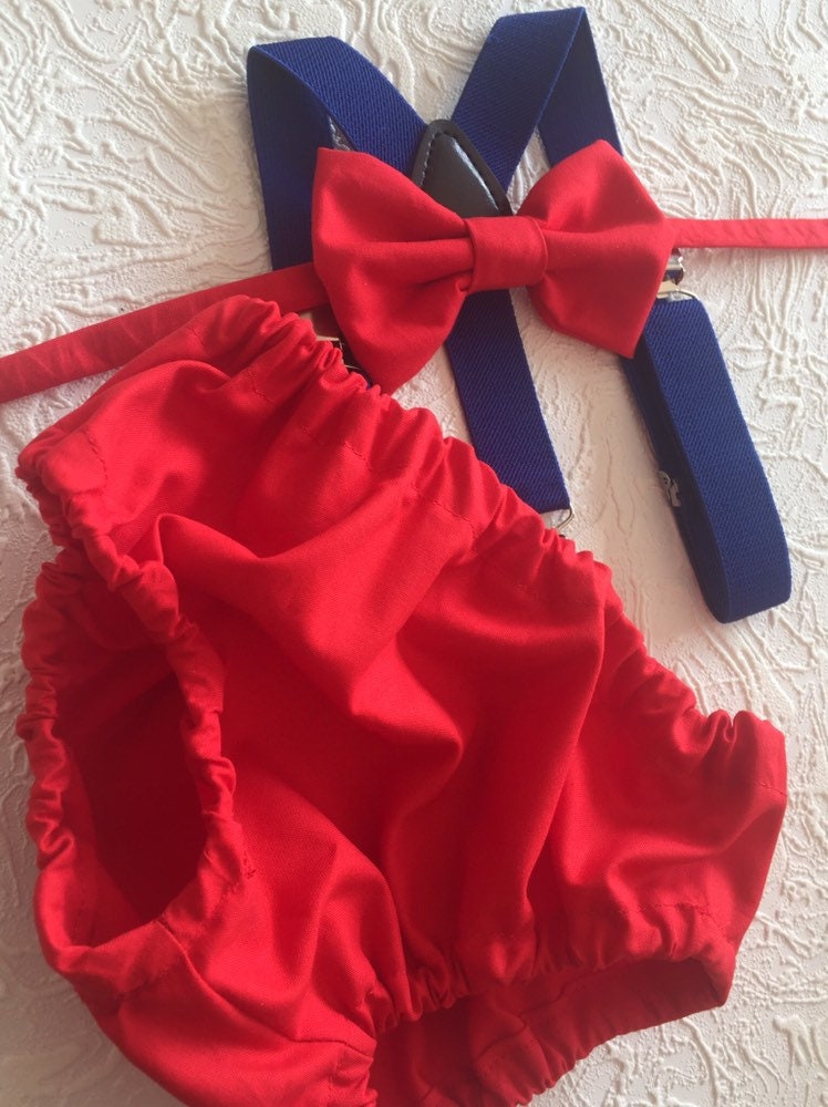 Boy cake smash outfit, inspired birthday outfit, diaper, cover, bow tie, and suspenders red blue, first birthday outfit, red and blue outfit