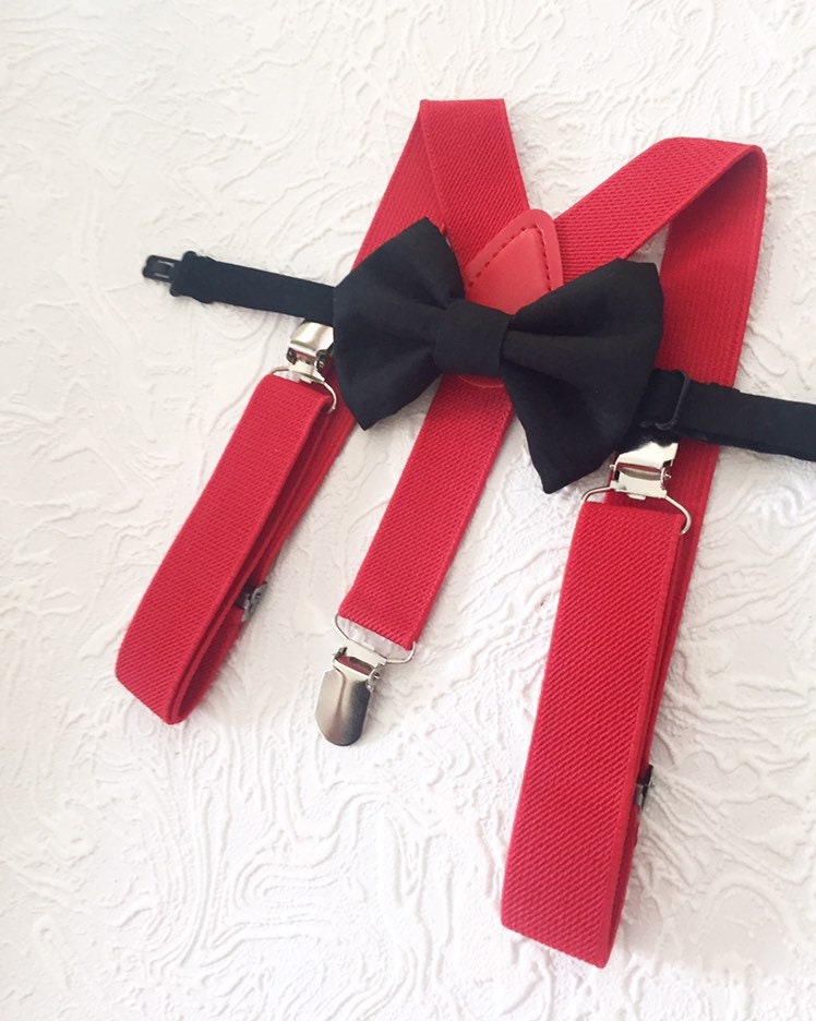 RED Solid 100% Cotton black Bowtie Bow Tie + Red Braces Elastic Suspenders for Baby Kids Page Boy Toddler or Youth Teenage