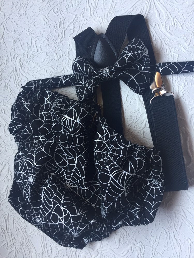 1st Birthday boy cake smash Outfit Bow tie bloomers Suspenders halloween cake smash, boy outfit,bloomers,diaper cover, spiderweb cake smash