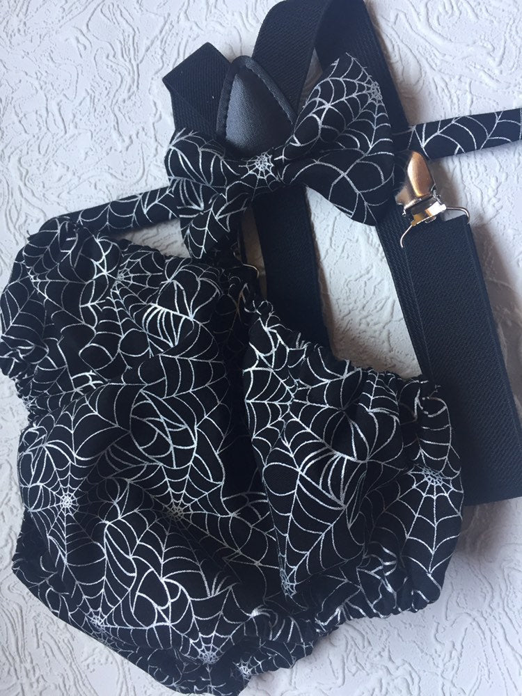 1st Birthday boy cake smash Outfit Bow tie bloomers Suspenders halloween cake smash, boy outfit,bloomers,diaper cover, spiderweb cake smash