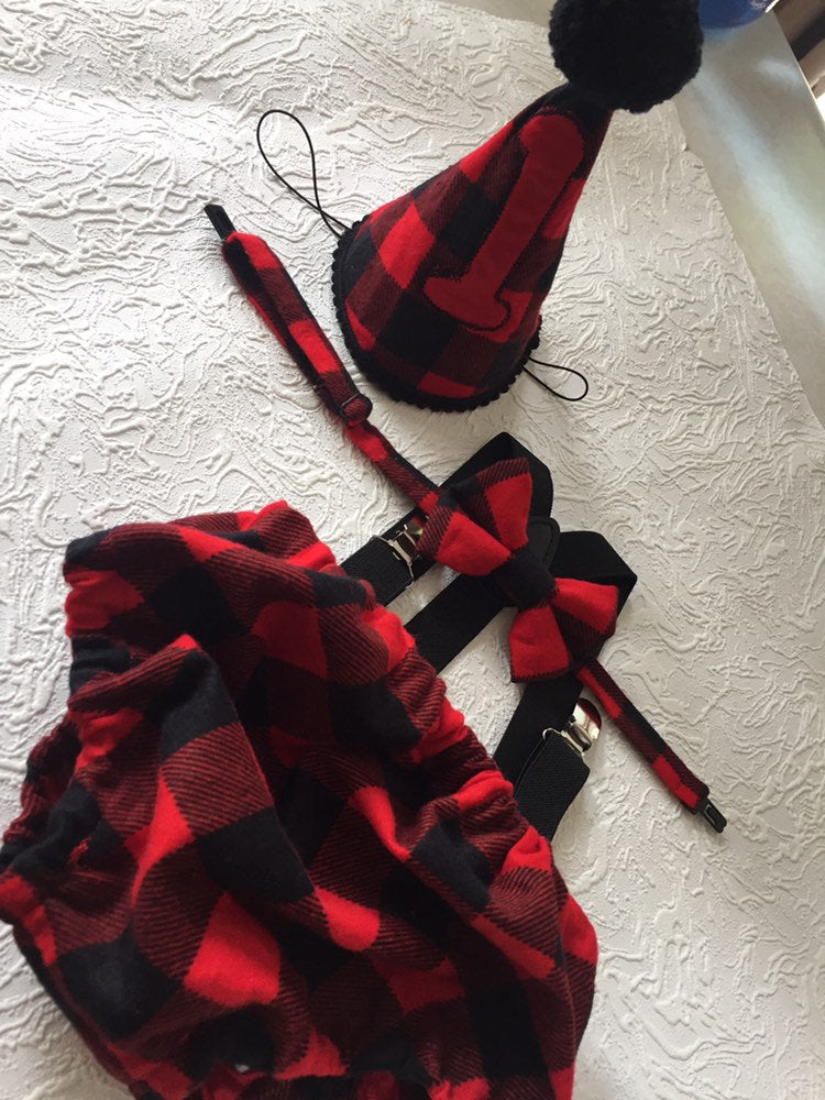 Cake Smash Outfit Boy Girl Buffalo Plaid Set or Buy the Piece Diaper Cover Bow Tie Suspenders Boys First 1st Birthday Lumberjack Photoshoot