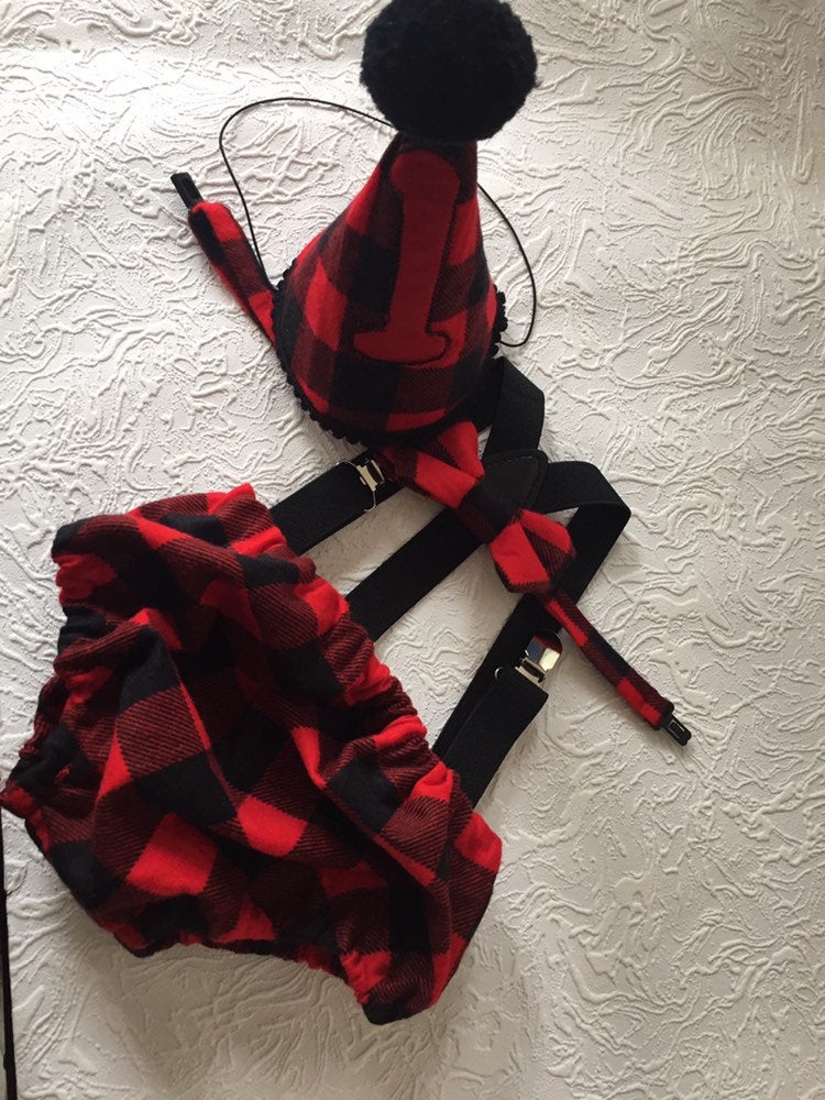 Cake Smash Outfit Boy Girl Buffalo Plaid Set or Buy the Piece Diaper Cover Bow Tie Suspenders Boys First 1st Birthday Lumberjack Photoshoot