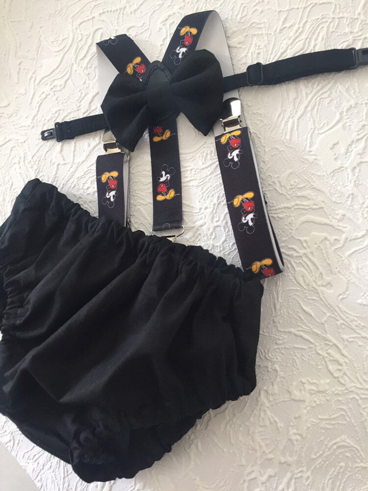 Black smash cake outfit with suspenders, bow tie,  first Birthday, red and yellow cake smash, boy cake smash