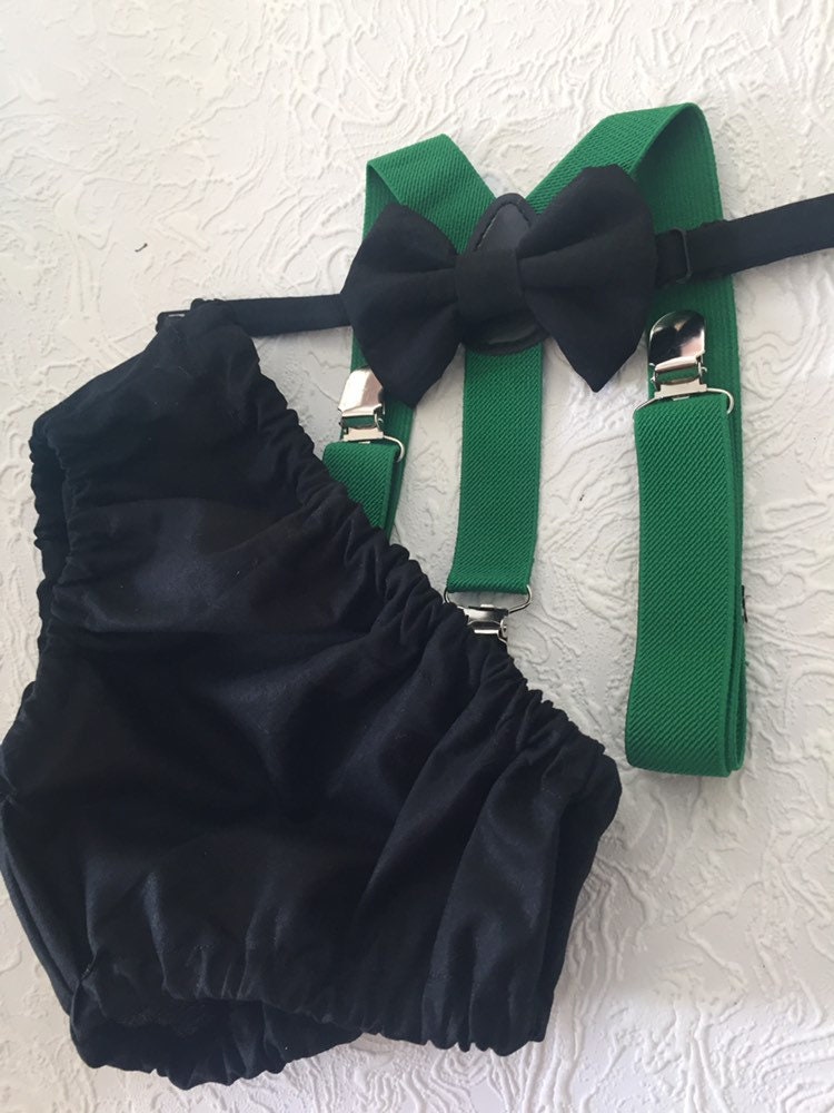 Cake Smash Boy Outfit, Black and green 1st Birthday Boy, Black Diaper Cover, Bowtie, Suspender, green suspenders, First Birthday Boy, Boy