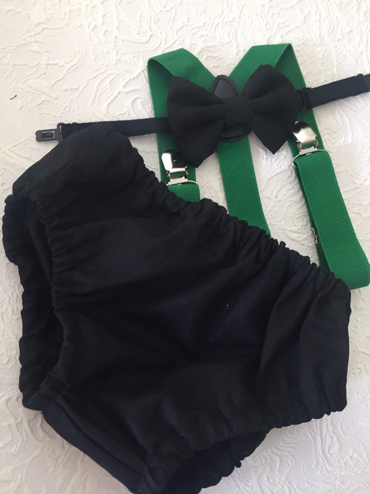 Cake Smash Boy Outfit, Black and green 1st Birthday Boy, Black Diaper Cover, Bowtie, Suspender, green suspenders, First Birthday Boy, Boy