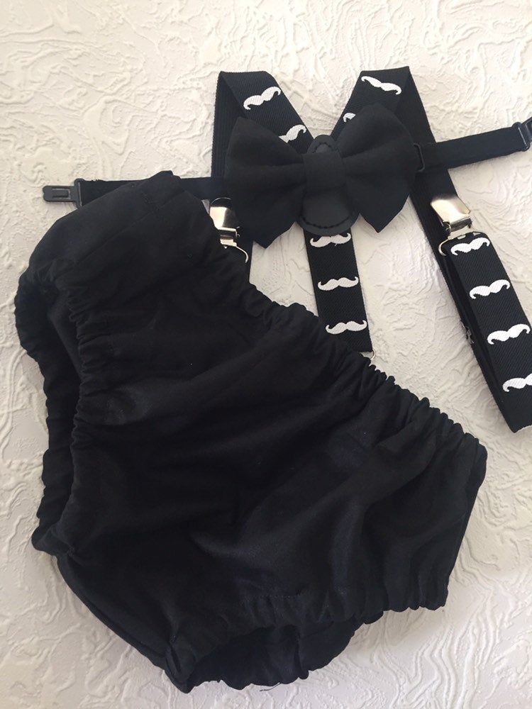 Little man 1st birthday outfit, 1st birthday cake smash outfit, mustache cake smash outfit, mustache suspenders and diaper cover, boy cake