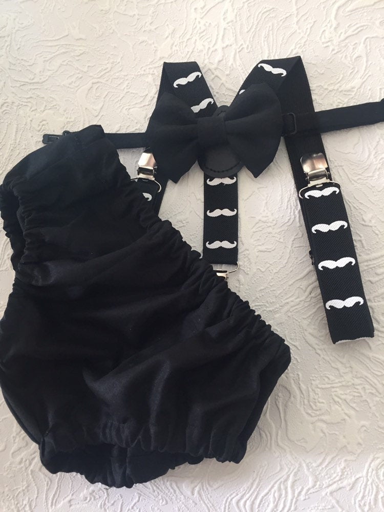 Little man 1st birthday outfit, 1st birthday cake smash outfit, mustache cake smash outfit, mustache suspenders and diaper cover, boy cake