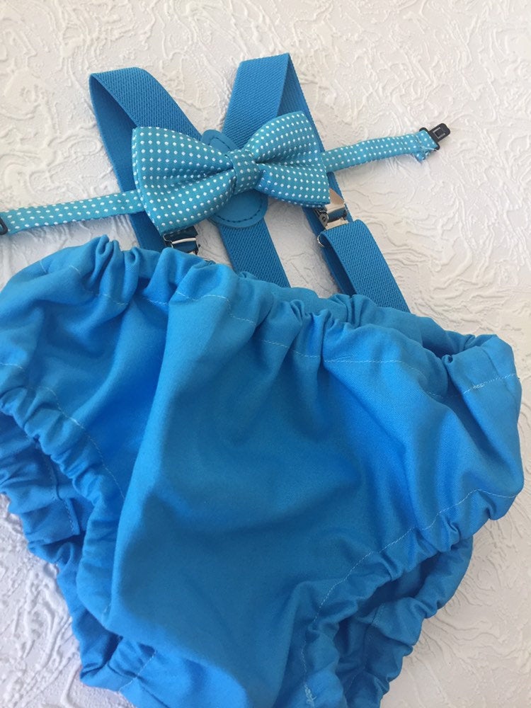 Cake Smash Boy Outfit, Blue Diaper Cover, Bow tie and Suspender, 1st Birthday Boy, Bowtie baby outfit, Bowtie birthday outfit