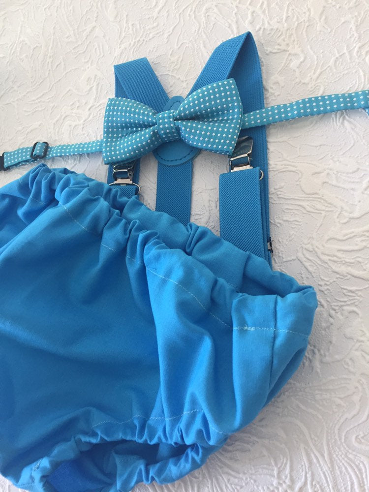 Cake Smash Boy Outfit, Blue Diaper Cover, Bow tie and Suspender, 1st Birthday Boy, Bowtie baby outfit, Bowtie birthday outfit