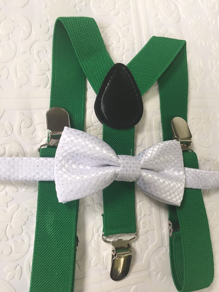 Baby suspenders, green baby suspenders, toddler suspenders, green suspenders, boy white bow tie, bow tie and suspenders,newborn bow tie