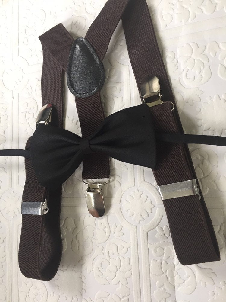 Black Bow Tie & Brown Suspender Set --- PERFECT for Ring Bearer Outfit, Page Boy Outfit, Floral Bow Tie, Cake Smash, Boy Gift,Fall Wedding