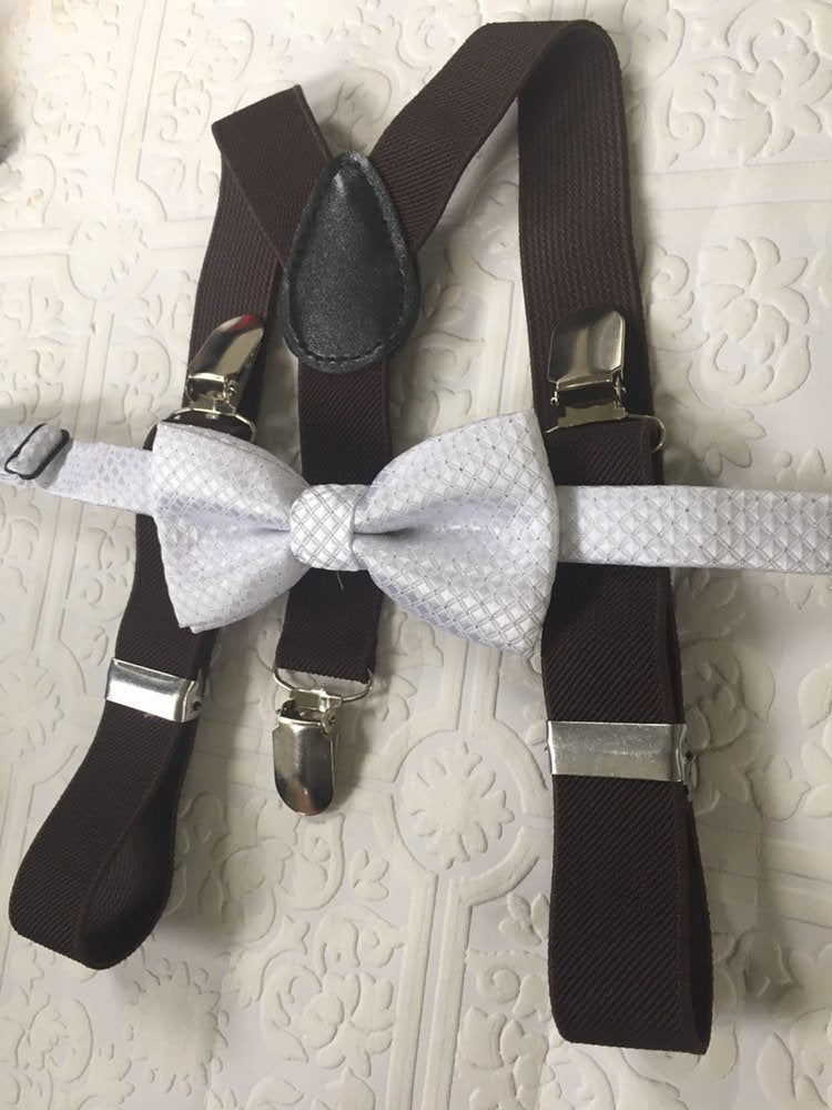 White bow tie and suspenders, Brown suspenders, white baby bowtie, suspenders and bowtie, bowtie and suspenders, white baby bow tie, brown