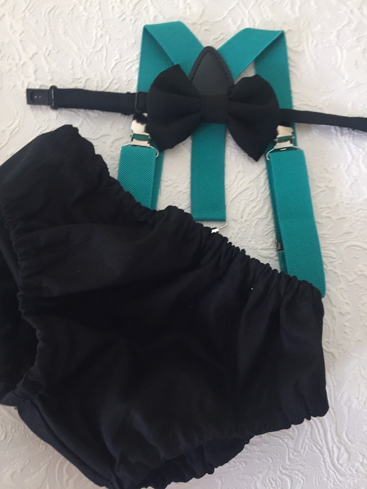 1st Birthday boy cake smash Outfit Bow tie bloomers Suspenders teal black bow tie, boy outfit,bloomers,diaper cover