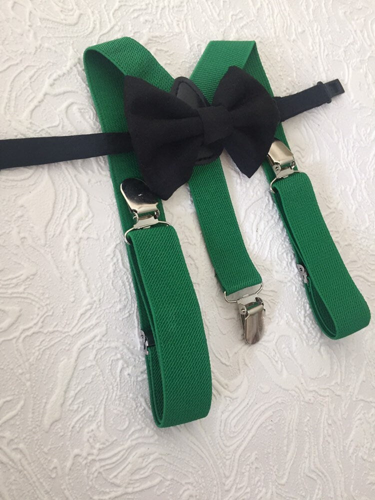 Forest green bow tie suspenders, green suspenders boys, black green bow tie toddler,  black bow tie baby, green braces bow tie
