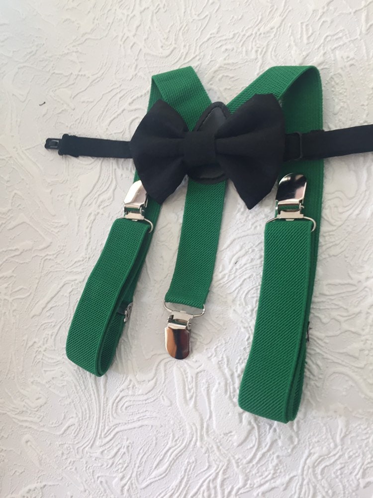 Forest green bow tie suspenders, green suspenders boys, black green bow tie toddler,  black bow tie baby, green braces bow tie