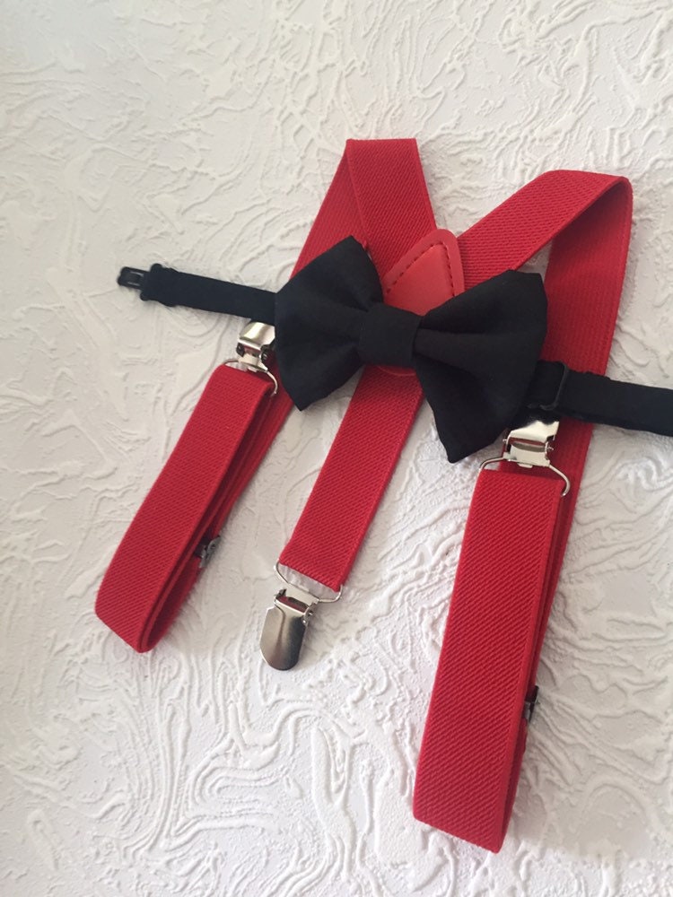 RED Solid 100% Cotton black Bowtie Bow Tie + Red Braces Elastic Suspenders for Baby Kids Page Boy Toddler or Youth Teenage