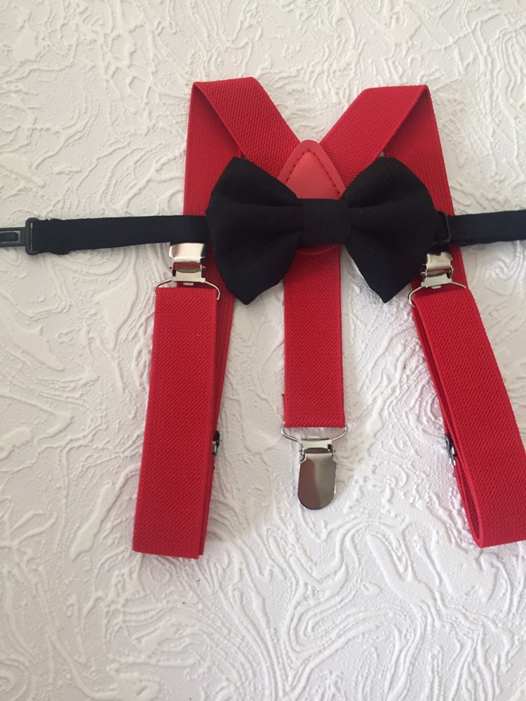 RED Solid 100% Cotton black Bowtie Bow Tie + Red Braces Elastic Suspenders for Baby Kids Page Boy Toddler or Youth Teenage