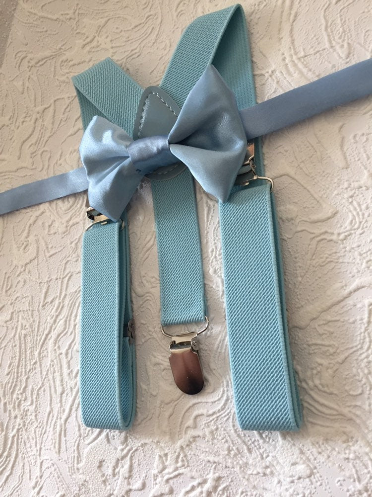 Blue Bow Tie and blue Suspenders, Quality boys, Toddler Suspenders, Boys, Kids, Ring Bearer Gift, Light Blue, Fog, Mist, Braces,