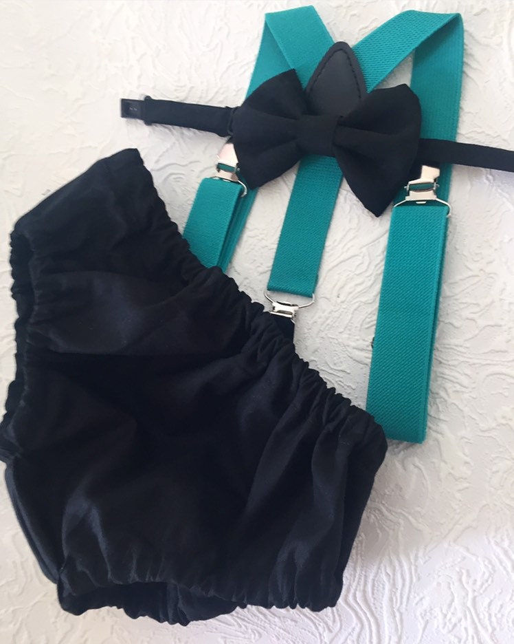 1st Birthday boy cake smash Outfit Bow tie bloomers Suspenders teal black bow tie, boy outfit,bloomers,diaper cover
