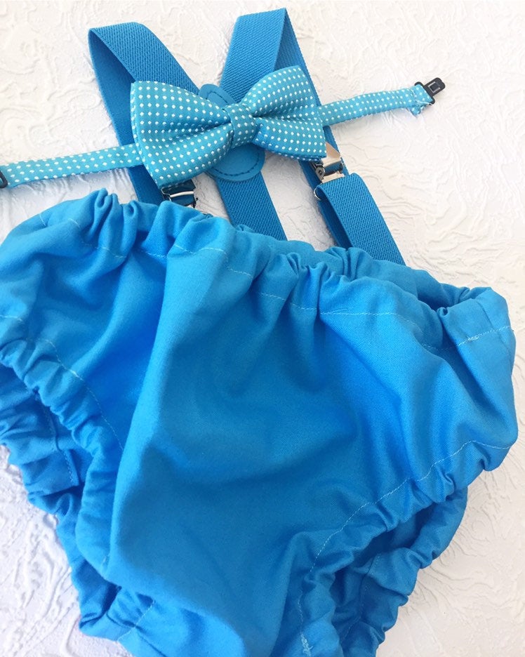 Cake Smash Boy Outfit, Blue Diaper Cover, Bow tie and Suspender, 1st Birthday Boy, Bowtie baby outfit, Bowtie birthday outfit