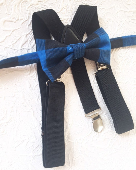 Buffalo Plaid Bow Tie Suspenders Baby Toddler Lumberjack Birthday Party blue Black Cake Smash Boy Hipster Ring Bearer Outfit Newborn Outfit