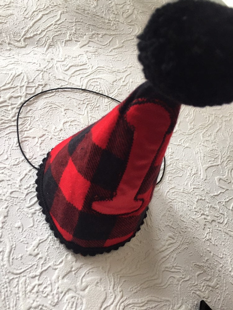 Lumberjack Birthday party hat, buffalo plaid woodland party decor, boy Birthday, Girl Birthday party