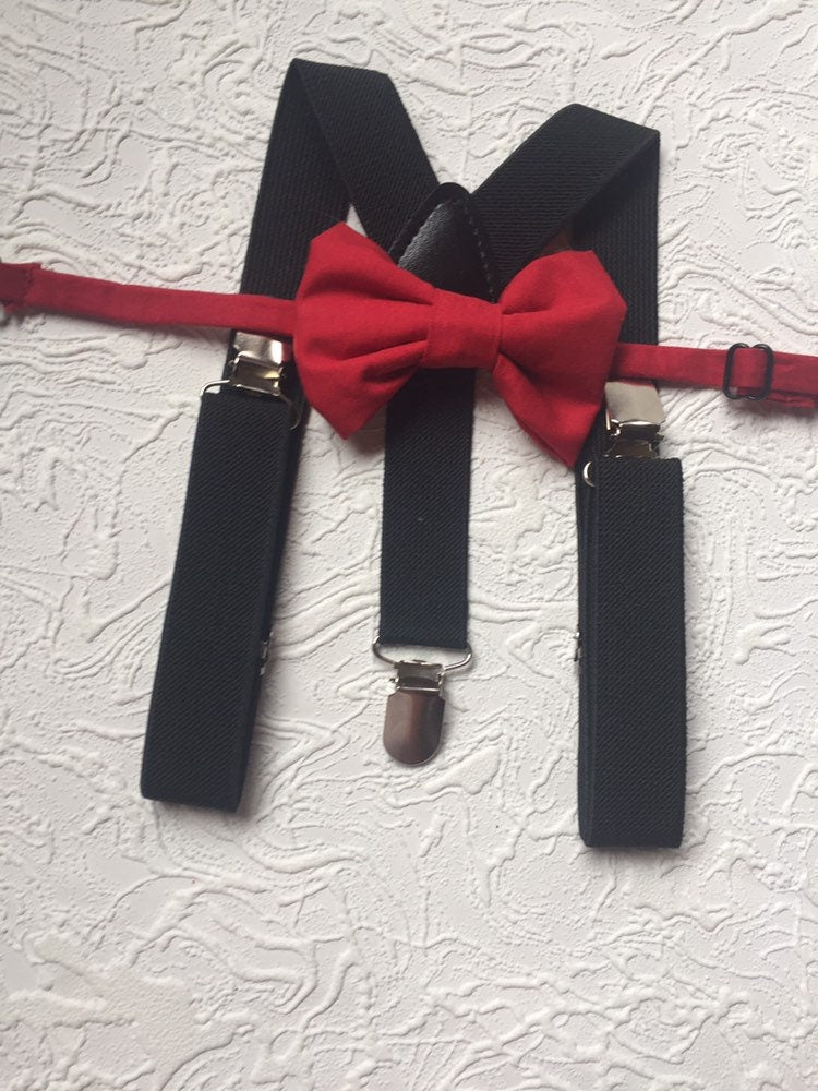Bow Tie & Suspenders, Red Bow Tie, Black Suspenders, Wedding Suspenders, Ring Bearer Outfit, boys Suspenders, Boy Suspenders, Birthday