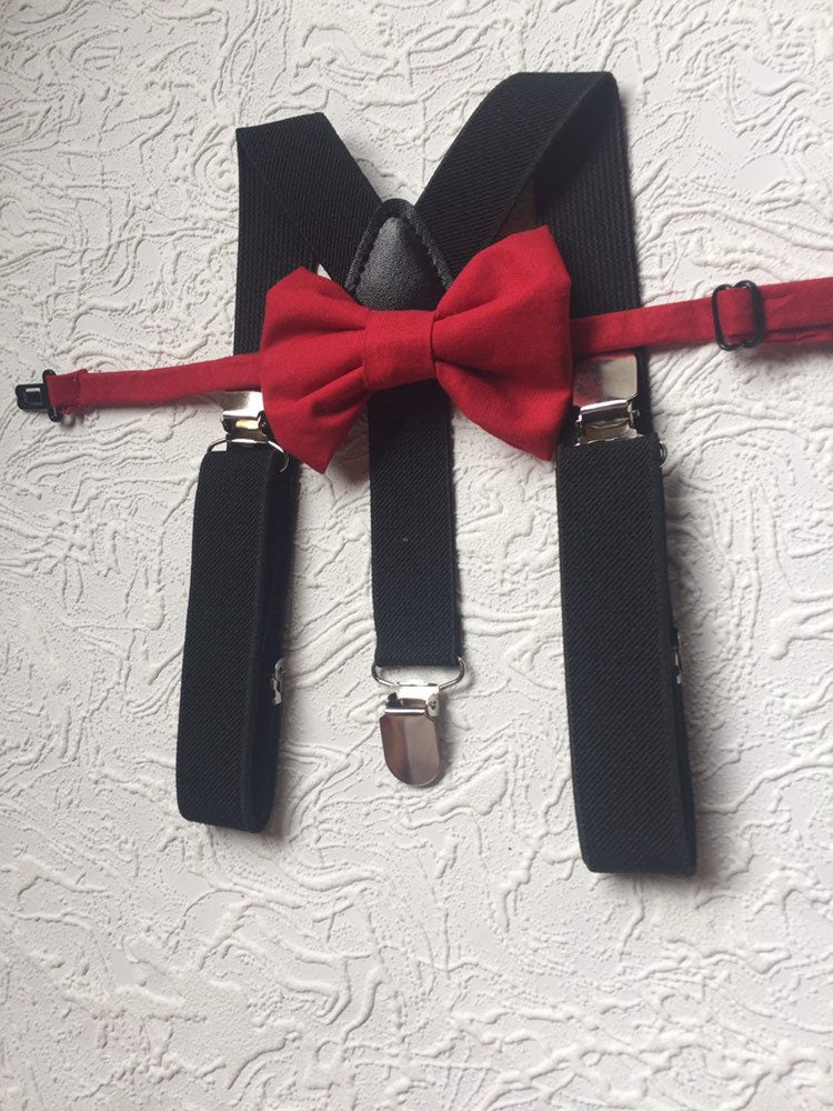 Bow Tie & Suspenders, Red Bow Tie, Black Suspenders, Wedding Suspenders, Ring Bearer Outfit, boys Suspenders, Boy Suspenders, Birthday