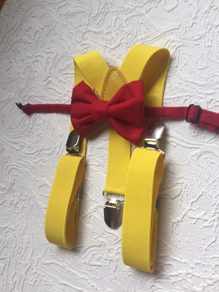 RED Bow tie and suspenders, Boys, Kids, Child, Ring Bearer Gift, Apple, yellow Suspender yellow Braces