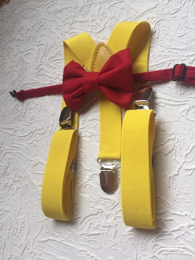 RED Bow tie and suspenders, Boys, Kids, Child, Ring Bearer Gift, Apple, yellow Suspender yellow Braces