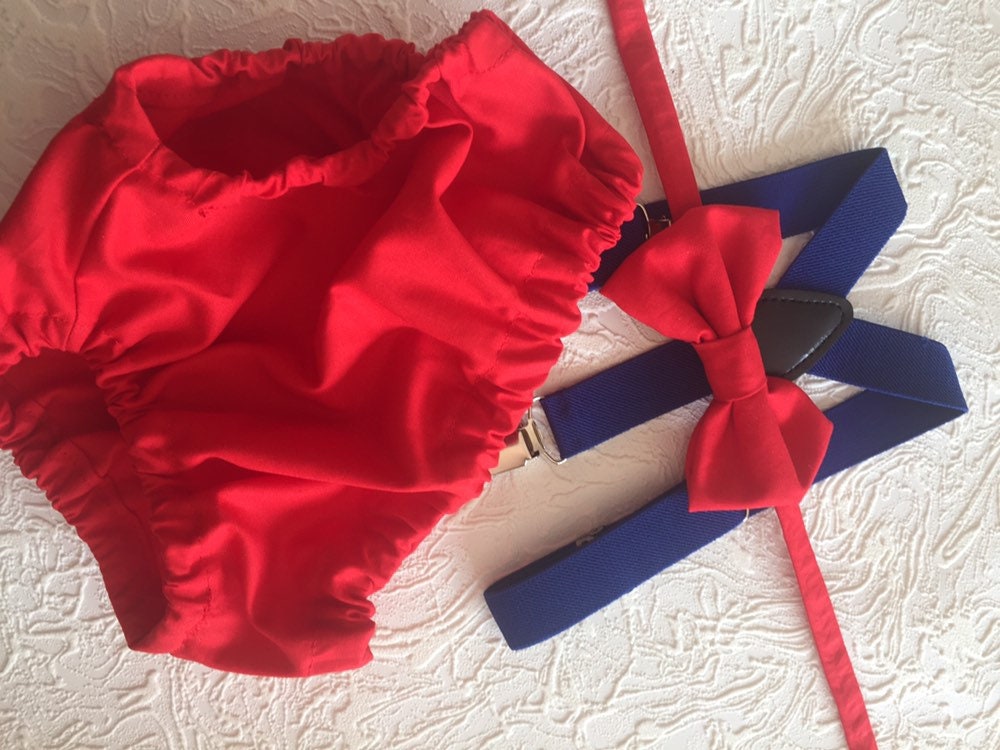 Boy cake smash outfit, inspired birthday outfit, diaper, cover, bow tie, and suspenders red blue, first birthday outfit, red and blue outfit