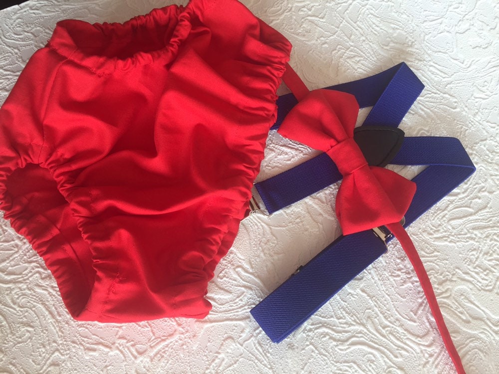 Boy cake smash outfit, inspired birthday outfit, diaper, cover, bow tie, and suspenders red blue, first birthday outfit, red and blue outfit