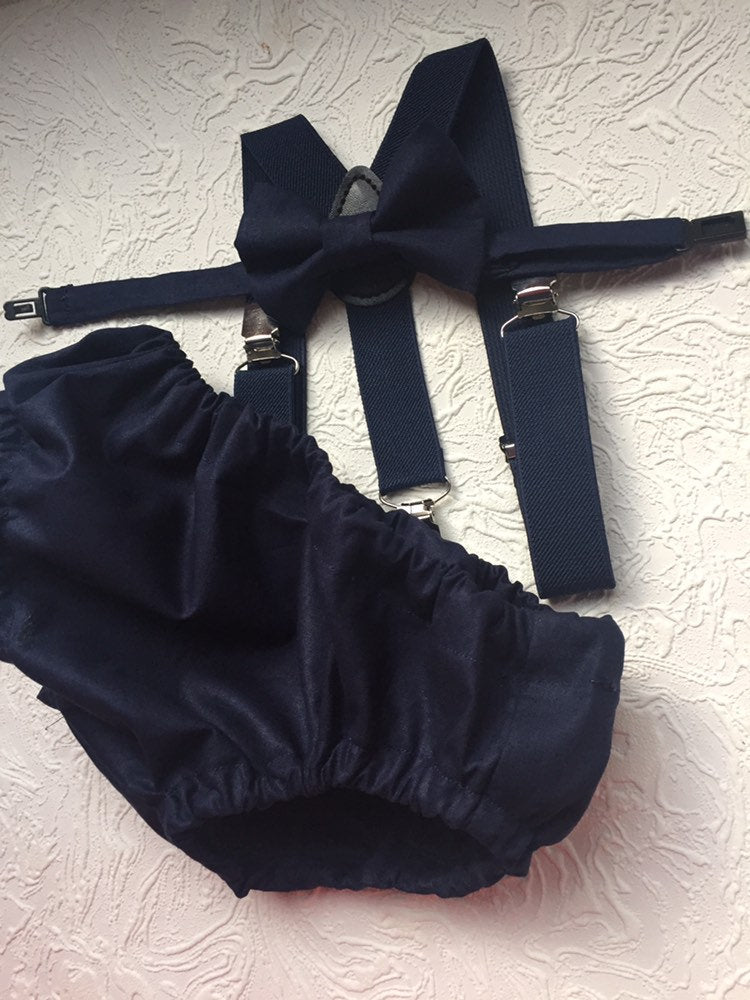 Navy Smash Cake Outfit Boy First Birthday super soft navy cotton Diaper Cover, navy Suspenders and navy bow tie 1st Birthday Photoshoot