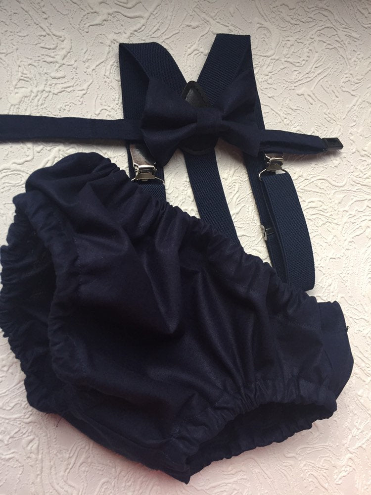 Navy Smash Cake Outfit Boy First Birthday super soft navy cotton Diaper Cover, navy Suspenders and navy bow tie 1st Birthday Photoshoot