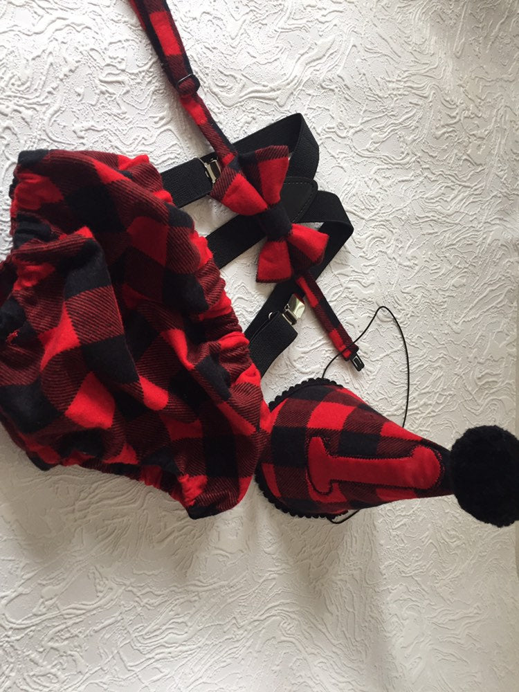 Cake Smash Outfit Boy Girl Buffalo Plaid Set or Buy the Piece Diaper Cover Bow Tie Suspenders Boys First 1st Birthday Lumberjack Photoshoot