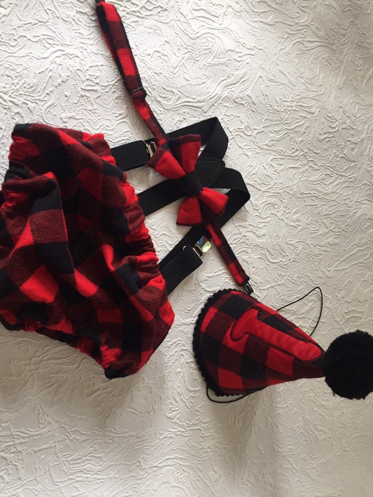 Cake Smash Outfit Boy Girl Buffalo Plaid Set or Buy the Piece Diaper Cover Bow Tie Suspenders Boys First 1st Birthday Lumberjack Photoshoot