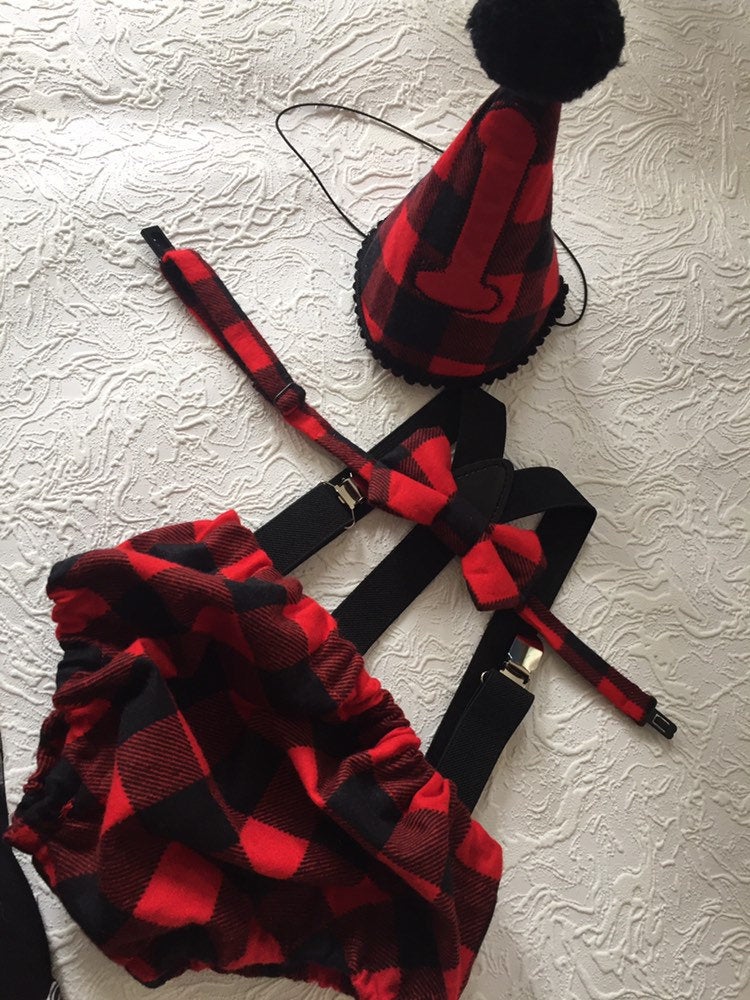 Cake Smash Outfit Boy Girl Buffalo Plaid Set or Buy the Piece Diaper Cover Bow Tie Suspenders Boys First 1st Birthday Lumberjack Photoshoot