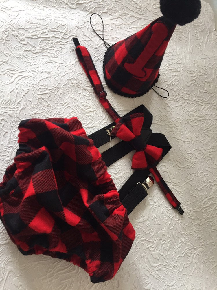 Cake Smash Outfit Boy Girl Buffalo Plaid Set or Buy the Piece Diaper Cover Bow Tie Suspenders Boys First 1st Birthday Lumberjack Photoshoot