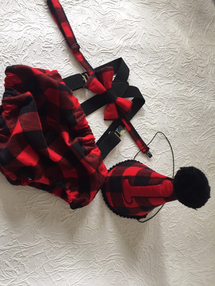 Cake Smash Outfit Boy Girl Buffalo Plaid Set or Buy the Piece Diaper Cover Bow Tie Suspenders Boys First 1st Birthday Lumberjack Photoshoot