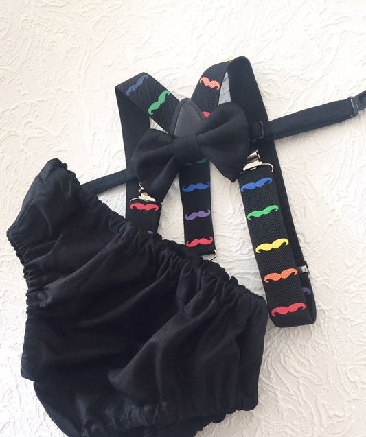 Little man 1st birthday outfit, 1st birthday cake smash outfit, mustache cake smash outfit, mustache suspenders and diaper cover, boy cake