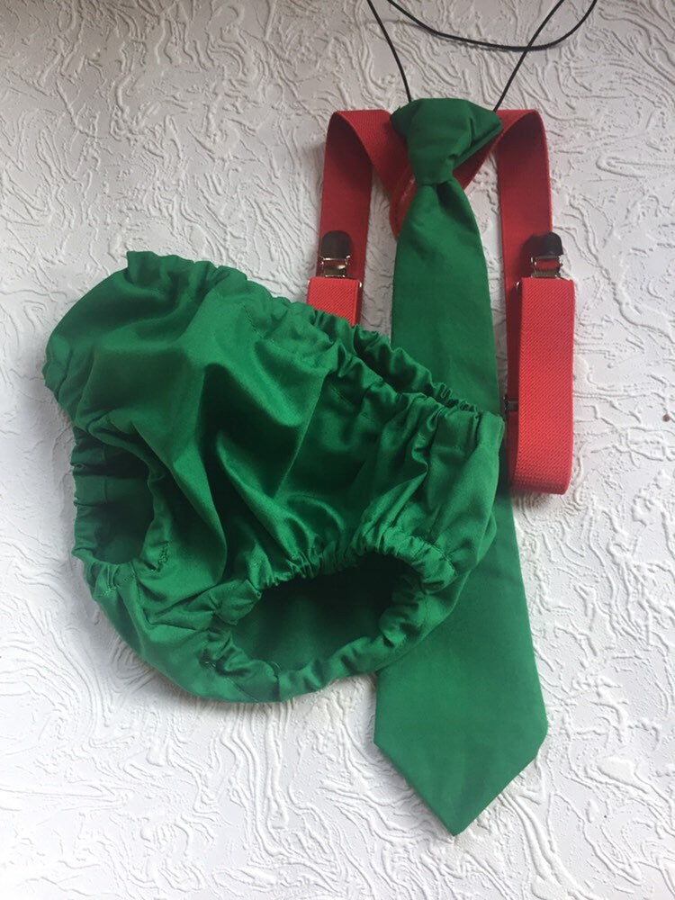 Boy Cake Smash Outfit, Boy 1st birthday Outfit, Boys first birthday,Cake Smash Set, Tie and Diaper Cover, Baby Necktie, Christmas set, Green