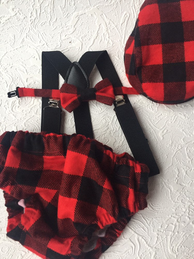 Cake Smash Outfit Boy Girl Buffalo Plaid Set or Buy the Piece Diaper Cover Bow Tie Suspenders Boys First 1st Birthday Lumberjack Photoshoot