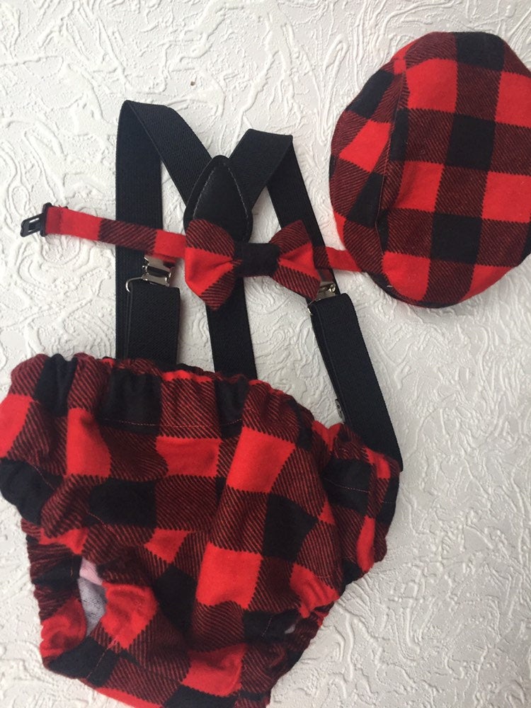 Cake Smash Outfit Boy Girl Buffalo Plaid Set or Buy the Piece Diaper Cover Bow Tie Suspenders Boys First 1st Birthday Lumberjack Photoshoot