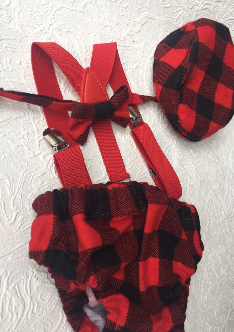 Cake Smash Outfit Boy Girl Buffalo Plaid Set or Buy the Piece Diaper Cover Bow Tie Suspenders Boys First 1st Birthday Lumberjack Photoshoot