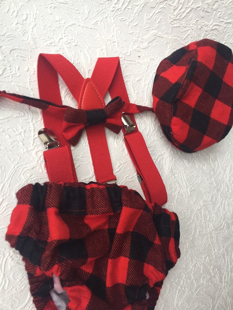 Cake Smash Outfit Boy Girl Buffalo Plaid Set or Buy the Piece Diaper Cover Bow Tie Suspenders Boys First 1st Birthday Lumberjack Photoshoot